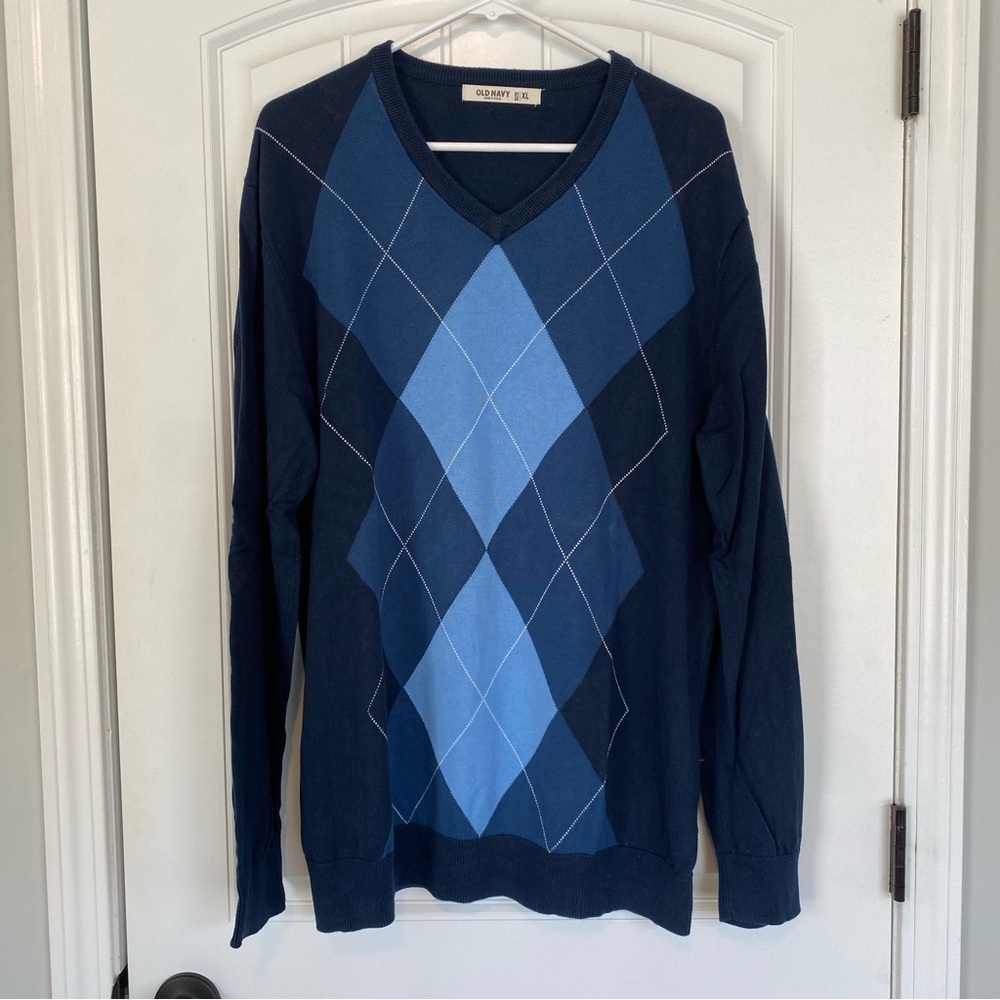 Old Navy Men's Navy Blue V Neck Argyle Sweater Size XL - Picture 1 of 4